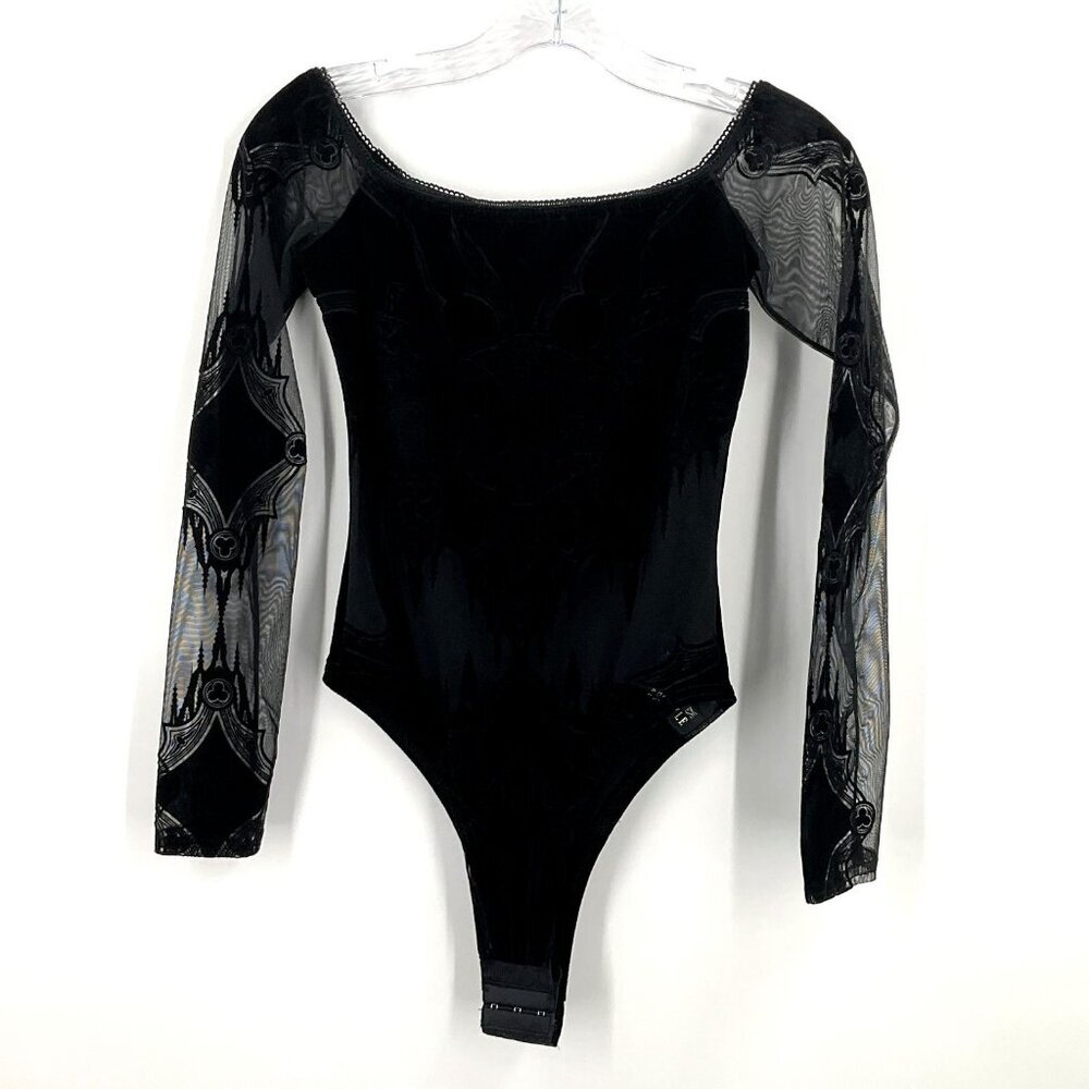 Bodysuit Women XS Black Velvet Burnout Sheer Mesh Moon Witchy Goth‎ Punk